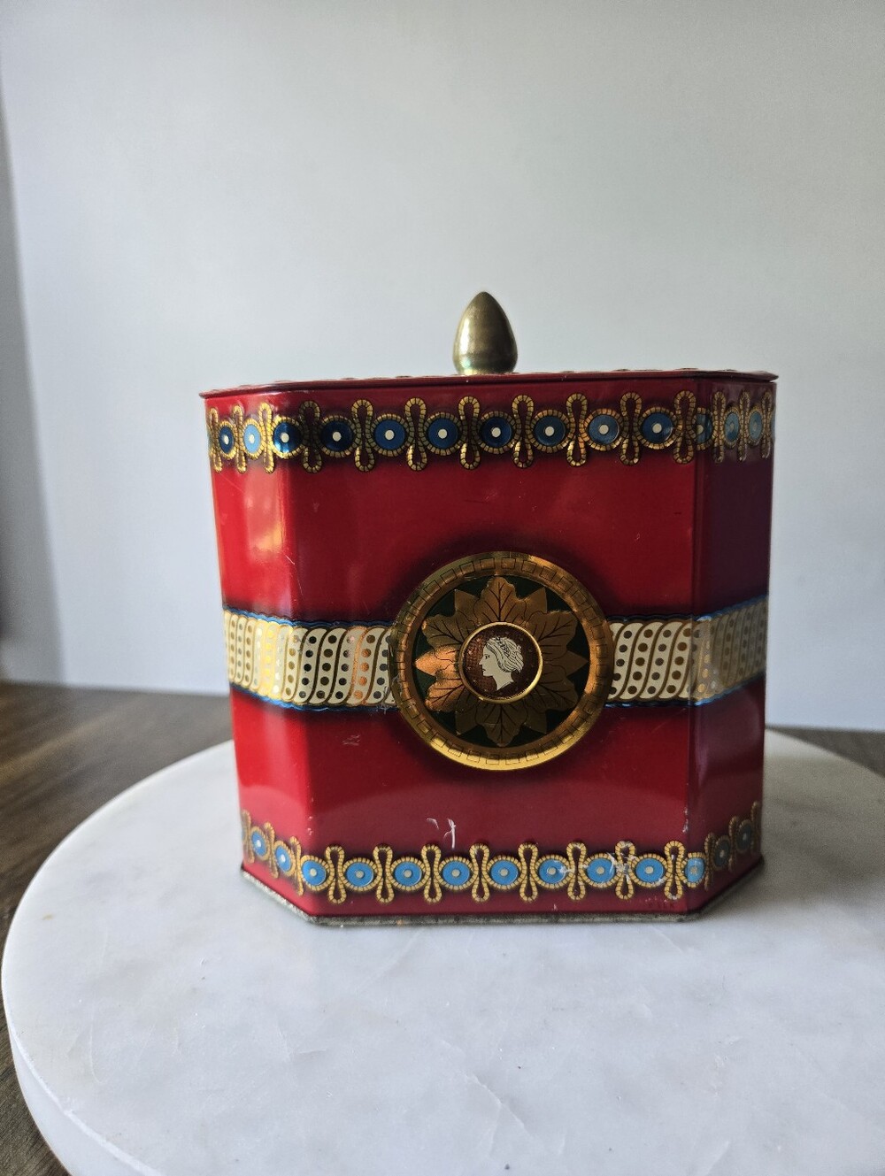 Vintage Red Octagon Metal Tin With Lid